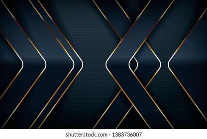 Dark overlap layers abstract background. Modern shape with light golden line element decoration. Realistic dimension design vector illustration.