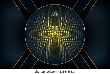 Dark overlap layers abstract background. Modern shape with light golden line and golden glitters element decoration. Realistic dimension design vector illustration.