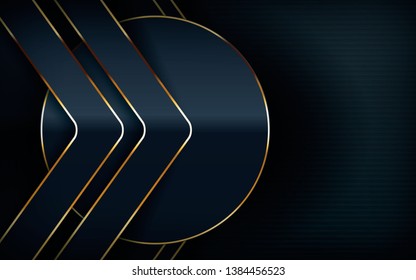 Dark overlap layers abstract background. Modern shape with light golden line element decoration. Realistic dimension design vector illustration.