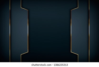 Dark overlap layers abstract background. Modern shape with light golden line element decoration. Realistic dimension design vector illustration.
