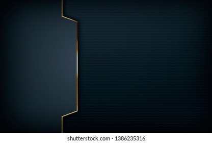 Dark overlap layers abstract background. Modern shape with light golden line element decoration. Realistic dimension design vector illustration.
