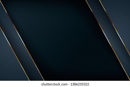 Dark overlap layers abstract background. Modern shape with light golden line element decoration. Realistic dimension design vector illustration.