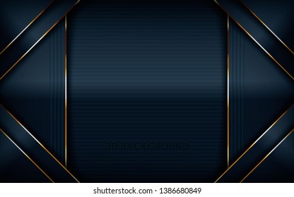 Dark overlap layers abstract background. Modern shape with light golden line element decoration. Realistic dimension design vector illustration.