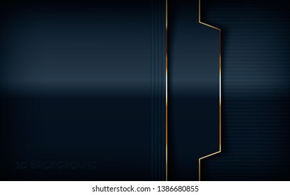 Dark overlap layers abstract background. Modern shape with light golden line element decoration. Realistic dimension design vector illustration.