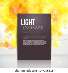Dark page layout with place for your text, yellow backdrop. Abstract geometric background with glitter. Vector image.