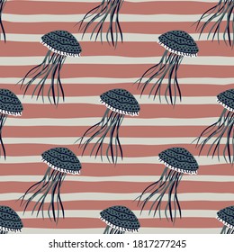 Dark pale jellyfish silhouettes seamless doodle pattern. Simple wild animalistic print with stripped maroon background. Designed for wallpaper, textile, wrapping, fabric print. Vector illustration.