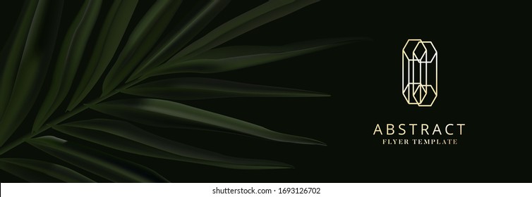 Dark palm leaves plant, realistic vector on black background. Wide horizontal banner. Realistic vector tropical advertising illustration, palnt on header with golden logo branding design.