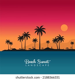 Dark Palm Trees Silhouette On Colorful Tropical Ocean Sky And Sunset Background, Vector Illustration Summer Tropical.square Social Media.