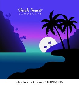 Silhouette de palmeras oscuras sobre el colorido cielo tropical del océano y fondo de la puesta del sol, ilustración vectorial verano tropical.cuadrado medios sociales.