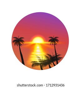 Siluetas de palmeras oscuras sobre fondo colorido de atardecer tropical oceánico, ilustración vectorial