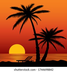 Dark palm trees silhouettes on colorful tropical ocean sunset background, Summer sunset background at the beach. Summer time. Vector illustration EPS 10