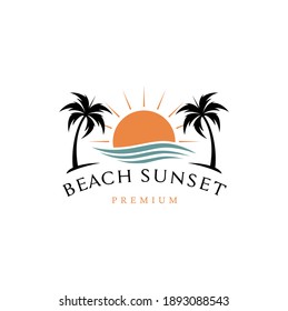 Dark Palm Trees Silhouettes on Tropical Ocean Sunset Background, Vector Illustration