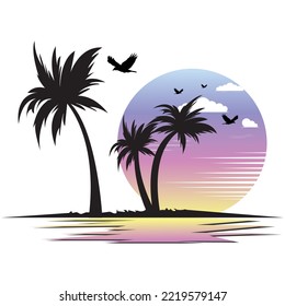 Dark palm trees silhouettes on colorful tropical ocean sunset background, vector illustration Summer tropical beach backgrounds set N4 with palms, sky sunrise and sunset. Summer party placard poster