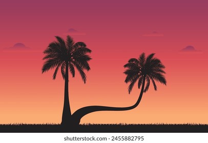 Siluetas de palmeras oscuras sobre fondo de atardecer tropical colorido, paisaje, verano, Ilustración vectorial
