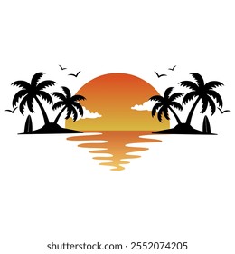 Dark palm trees silhouettes on colorful tropical ocean sunset background, vector illustration