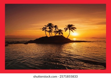 Dark palm trees silhouettes on colorful tropical ocean sunset background, vector illustration