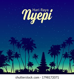 Dark palm trees and traditional balinese temple silhouette on night sky background. Nyepi greetings vector poster template.