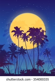 Dark palms silhouettes at big yellow moon, vector poster background