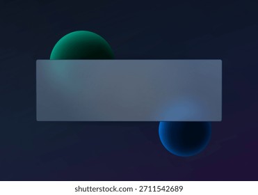 Painel escuro com esferas azul-esverdeadas e azuis brilhantes, um design minimalista futurista e uma atmosfera de sombra suave no estilo de morfismo de vidro