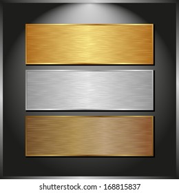 dark panel with three metallic banners