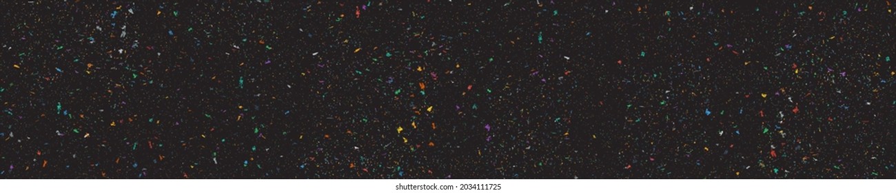 Dark panorama of multicolored particles or confetti on black background. Abstract splashes of paint for wallpaper. Vector illustration