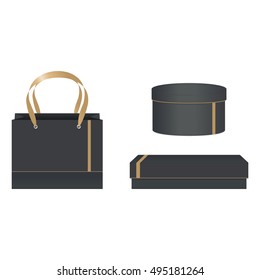 Dark paper bag and boxes in different forms. Shopping package vector illustration. Shop handbag and boxes set.