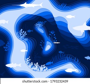 Dark paper cut underwater world. Many abstrakt paper fish swim in the ocean. Fish, wave, liquid, coral reefs. Vector illustration in blue shades.