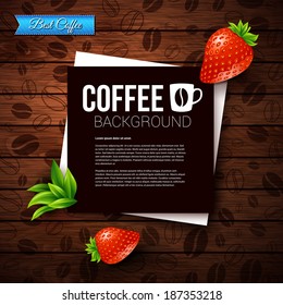 Dark paper note with place for Your text. Burnt wooden background with coffee beans. Vector image. 