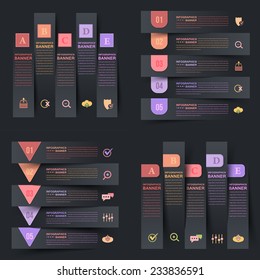 Dark Paper Style Infographics Template Horizontal Style and Web Elements Set
