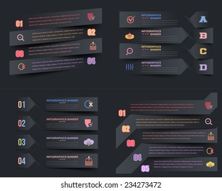 Dark Paper Style Infographics Template Horizontal Style and Web Elements Set 