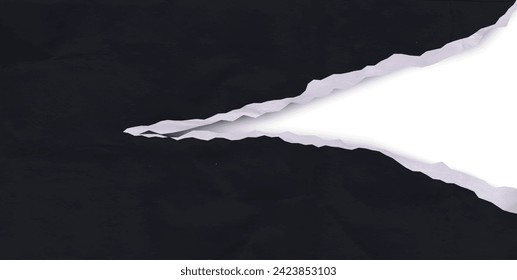 Dark paper with torn corner. Black grunge jagged craft cardboard. Vector torn paper sheet for sticker, collage, banner. Ripped horizontal rectangular shape with texture isolated on white background.