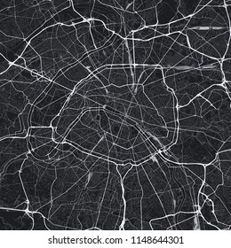 Dark Paris City Map. Road Map Of Paris (France). Black And White (dark) Illustration Of Parisian Streets. Square Format.