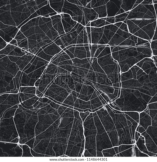 暗いパリの都市の地図 パリの道路地図 フランス パリの通りの白黒 暗い イラスト 四角形 のベクター画像素材 ロイヤリティフリー