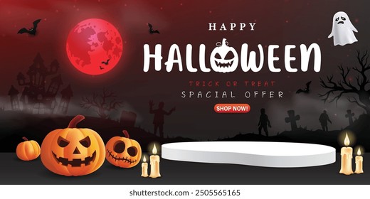 Dark party Halloween Sale Promotion Poster template with Product display stage. Halloween pumpkins and Ghost with moon light and castle silhouette background. Website spooky or banner template