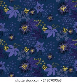 Dark passiflora floral seamless pattern