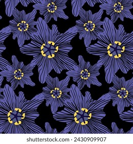 Dark passiflora floral seamless pattern