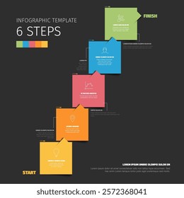 Dark pastel six step infographic template with colorful, labeled boxes illustrating a stepbystep process. The steps are visually distinct and designed to guide the viewer effectively.