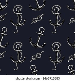 Dark pattern with anchor and sea knot. Isolated objects. Hand drawn vector illustration realistic sketch