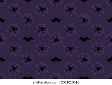 Dark pattern with black bats, spiders and web on purple background. Halloween festive autumn decoration. October holiday print for paper printing, textile and design