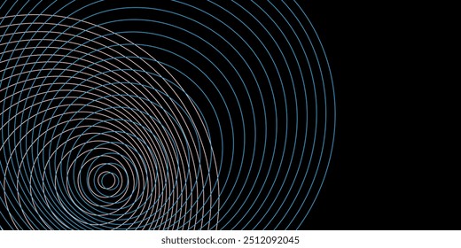 Padrão escuro de espirais concêntricas, expandindo gradualmente. Linhas circulares azuis e brancas projetam contra um fundo preto intenso, criando uma sensação de profundidade e movimento infinito