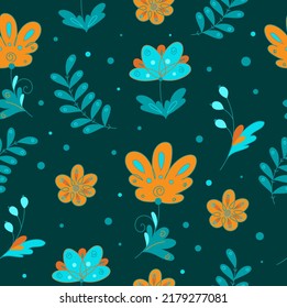 Dark pattern with doodle flowers. Vector art