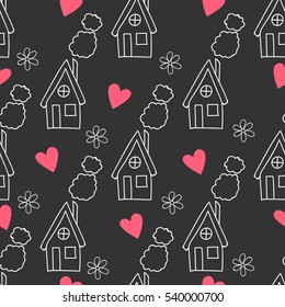 Dark pattern with house, flowers, hearts and clouds. 