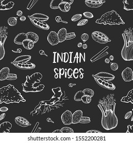 Dark Pattern Indian Spices for masala Cloves Fennel Ginger Cardamom Cinnamon Nutmeg Peony Coriander Chicory with Lettering