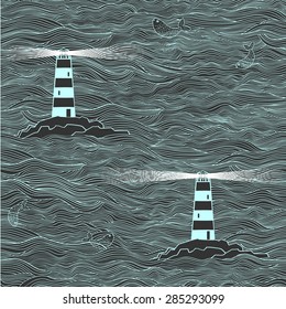Dark pattern with lighthouse, sea and fish.