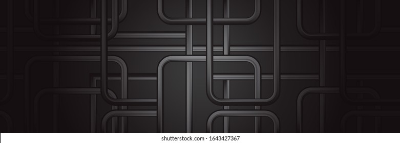 Dark pattern metallic grey pipes, isolated on black  wall background vector illustration