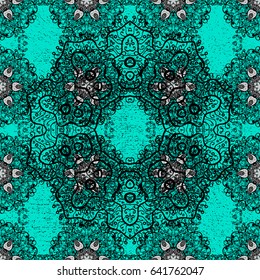 Dark pattern on blue background with dark elements. Ornate vector decoration. Damask pattern background for wallpaper design in the style of Baroque.