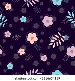 Dark pattern with pink, blue and lilac flowers.