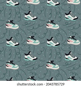 Dark pattern with sports shoes. Cartoon sneakers, various running shoes in the doodle circle. The texture of the background for textiles. Vector illustration