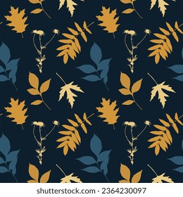 Patrón oscuro con hojas de oro amarillo estampado.