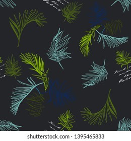 Dark pattern with tropic palm leaves. Seamless design with hand drawn contour sketch on black background.